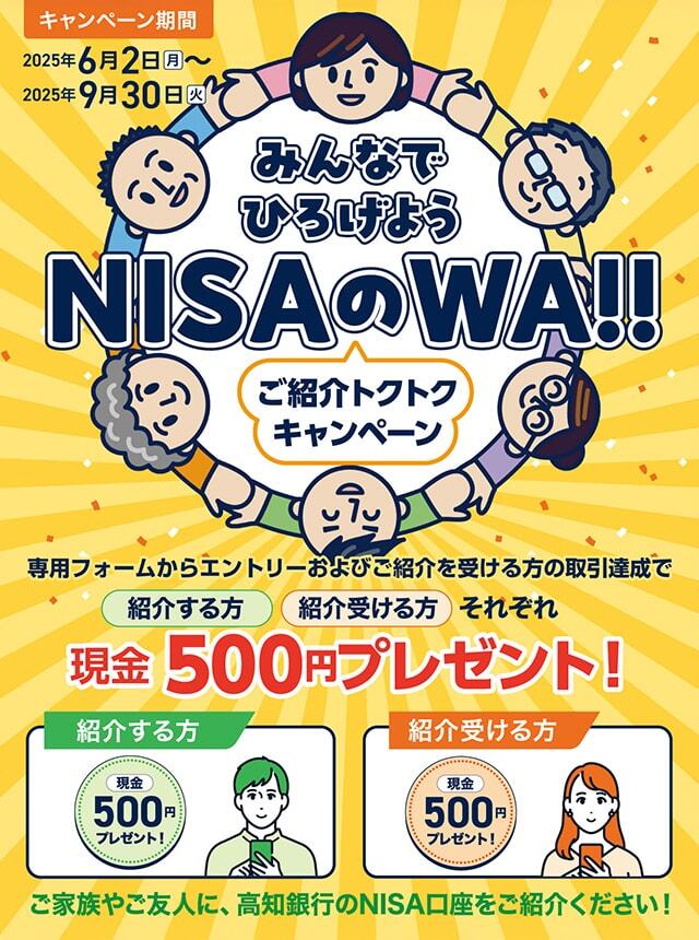 みんなでひろげようNISAのWA!!ご紹介トクトクキャンペーン【2025.06.02~2025.09.30】/キャンペーン期間:2025年6月2日(月)~2025年9月30日(火)/専用フォームからエントリーおよびご紹介を受ける方の取引達成で「招待する方」「招待受ける方」それぞれ現金500円プレゼント!/紹介する方:現金500円プレゼント!/紹介受ける方:500円プレゼント!/ご家族やご友人に、高知銀行のNISA口座をご紹介ください!/キャンペーンバナー