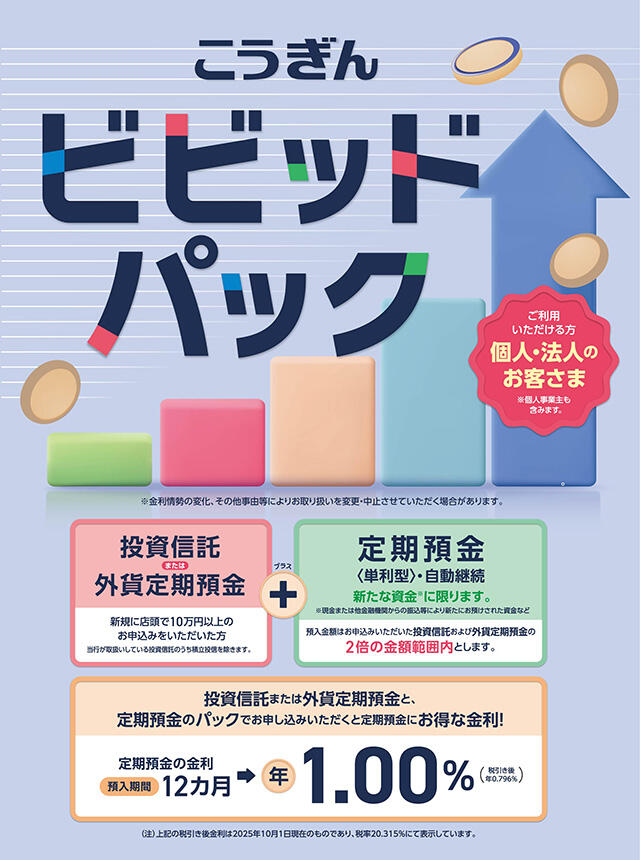 こうぎんビビッド・パック/ご利用いただける方：個人・法人のお客さま（個人事業主も含みます）/投資信託または外貨定期預金＋定期預金＜単利型＞・自動継続（新たな資金に限ります）/投資信託または外貨定期預金と、定期預金のパックでお申し込みいただくと定期預金にお得な金利！/定期預金の金利（預入期間：12カ月）→年1.00％（税引き後年0.796％）/（注）税引き後金利は2025年10月1日現在のものであり、税率20.315％にて表示しています。/※金利情勢の変化、その他事由等によりお取り扱いを変更・中止させていただく場合があります。