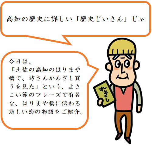 高知市の中心部・はりまや橋がある場所は、江戸時代初期、堀川が東西に流れていました。その川を隔てて商売を行っていた豪商・播磨屋(はりまや)と櫃屋(ひつや)が、互いの店の往来のために架けた私設の橋が、はりまや橋の起源だといわれています。
