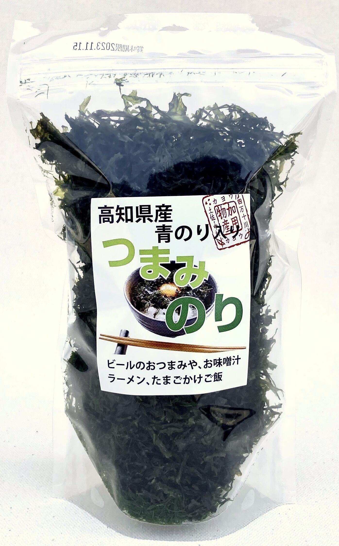 国内産の良質な焼きあまのりに香りの良い高知県産青のりをミックスした「高知県産青のり入りつまみのり」