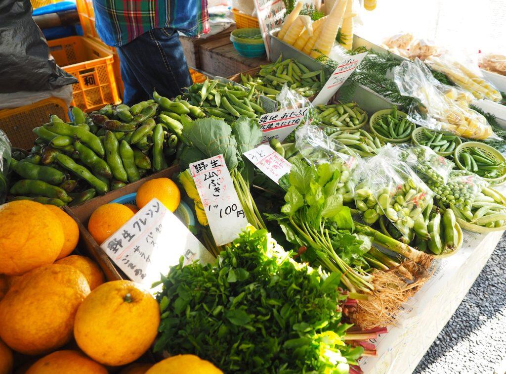 「日曜市」では、野菜や果物、山菜をはじめ、海産物や田舎寿司、スイーツやドリンク、木工品や骨董品、打刃物や植木などなど、さまざまなものが販売されています