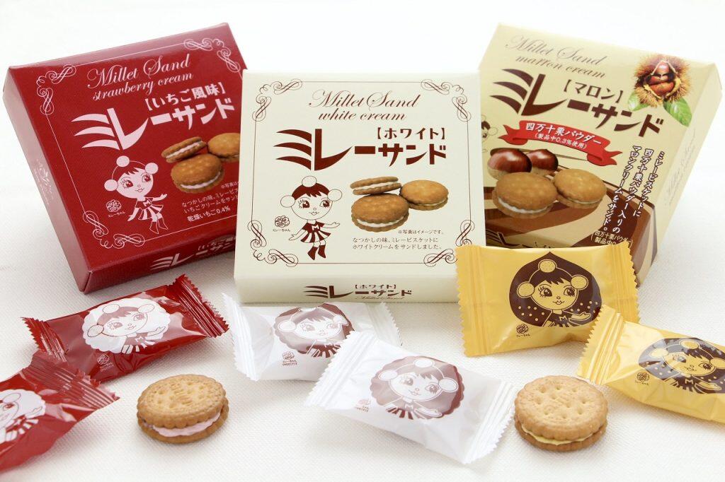 「ミレーサンド ジャム」は、ほどよい甘さの国産いちごのジャム、スッキリとした甘さの国産ブルーベリーのジャム、さわやかな甘さの瀬戸内産レモンのジャムをサンドした、全部で3種類