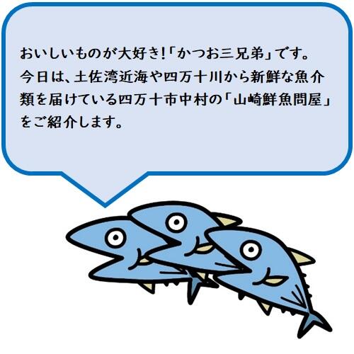 創業昭和36年の老舗「山崎鮮魚問屋」では、土佐清水で水揚げされた清水サバやカツオ、四万十川の天然アユやウナギ、川エビのほか、土佐のおきゃく(宴会)料理には欠かせないチャンバラ貝など、豊富に取り揃えています。