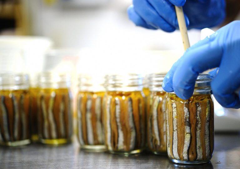 キビナゴの旨味を引き出すには塩加減がキモなんだとか!その後瓶に詰め、チュニジア産の有機認証エキストラバージンオリーブオイルを流し込みます。